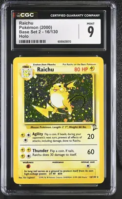 CGC 9 MINT Raichu 2000 Base Set 2 16/130 Holo SWIRL Pokemon Card - Image 1