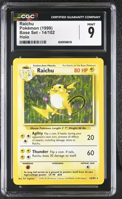 CGC 9 MINT Raichu 1999 Base Set 14/102 Holo Pokemon Card - Image 1