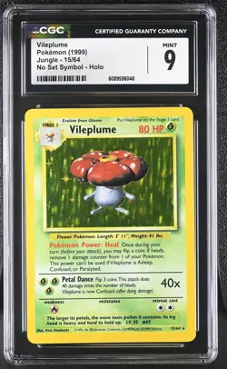 CGC 9 MINT Vileplume 1999 Jungle 15/64 No Set Symbol Holo Pokemon Card - Image 1