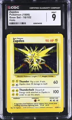 CGC 9 MINT Zapdos 1999 Base Set 16/102 Holo Pokemon Card - Image 1