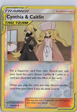 Pokemon Card Cynthia & Caitlin Tag Team 189/236 Reverse Holo Cosmic Eclipse - Image 1
