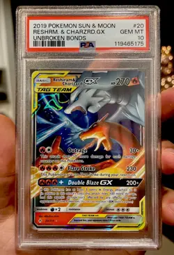 2019 Pokemon Sun & Moon Reshiram & Charizard Gx #20/214 Unbroken Bonds PSA 10 MT - Image 1