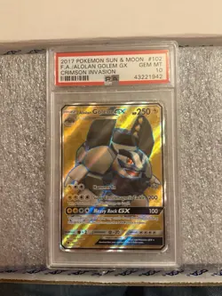 2017 Pokemon Sun & Moon 102 FA Alolan Golem GX Crimson Invasion PSA 10 Low Pop - Image 1