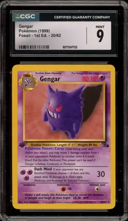 Pokemon Gengar Fossil 1st Edition NON Holo Rare #20 CGC 9 Mint - Image 1