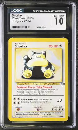 CGC 10 GEM MINT Snorlax 1999 Jungle 27/64 Pokemon Card - Image 1