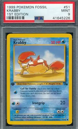 PSA 9 1st EDITION FOSSIL KRABBY 1999 POKEMON 51 GRADED SHELLFISH IRON GRIP TPHLC - Image 1