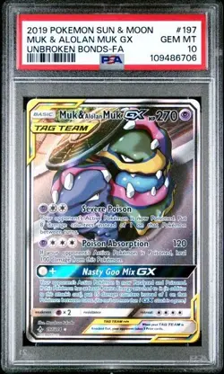 MUK & ALOLAN MUK GX 2019 POKEMON SUN & MOON UNBROKEN BONDS FA #197 PSA 10 - Image 1