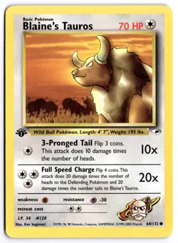 Pokemon 1st Edition Blaine's Tauros Common Gym Heroes 064/132 NM - Image 1