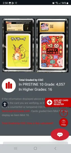 CGC 10 PRISTINE Raichu Old Maid 2019 Japanese Pokemon Card - Image 3