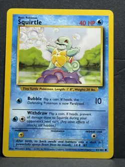 Pokemon TCG Squirtle Card #63/102 Common, Unlimited, Base Set NM - Image 1