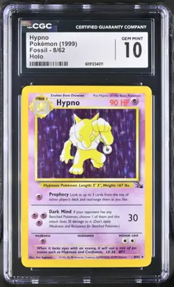 CGC 10 GEM MINT Hypno 1999 Fossil 8/62 Holo Pokemon Card - Image 1
