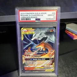 2019 Pokemon SM Unbroken Bonds Reshiram Charizard Tag Team Holo #20/214 PSA 10 - Image 1