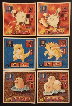 6 X Amada Pokemon Stickers Japan Mankey Primeape Sandshrew Dugtrio Diglett 1997 - Image 1
