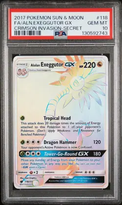 2017 Pokemon SM Crimson Invasion Alolan Exeggutor GX Secret Rare #118/111 PSA 10 - Image 1
