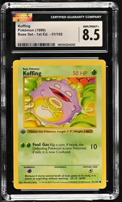 CGC 8.5 Koffing 1999 Base Set Shadowless 1st Edition 51/102 Pokemon Card - Image 1