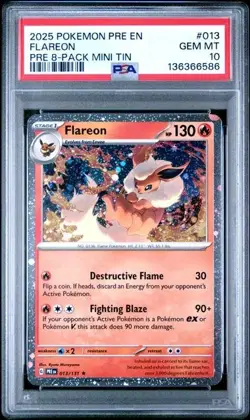 2025 POKEMON PRISMATIC EVOLUTIONS 013 FLAREON COSMOS HOLO PROMO MINI TIN PSA 10 - Image 1