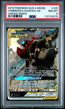 2019 POKEMON SUN & MOON UNIFIED MINDS #125 UMBREON & DARKRAI GX PSA 8 - Image 1