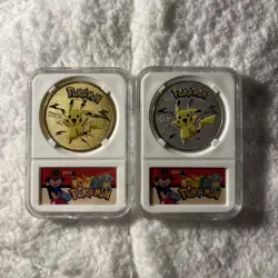 Pokemon Collectible Pikachu Coin In Case Lot Of Two, Silver Plated & Gold Plated - Image 1