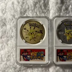 Pokemon Collectible Pikachu Coin In Case Lot Of Two, Silver Plated & Gold Plated - Image 2