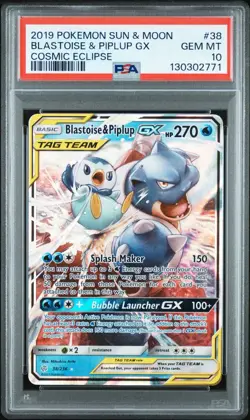 2019 POKEMON SUN & MOON COSMIC ECLIPSE #38 BLASTOISE & PIPLUP GX PSA 10 - Image 1