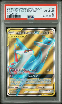 2019 POKEMON SUN & MOON TEAM UP #169 FULL ART/LATIAS & LATIOS GX PSA 10 - Image 1