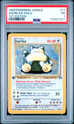 PSA 1 1ST EDITION 1999 Pokemon Jungle Snorlax 11/64 Holo Foil Rare WOTC - Image 1