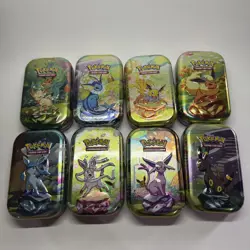 Prismatic Evolutions *EMPTY* Mini Tin Complete Set Of 8 (Tin + Card + Coin) - Image 2