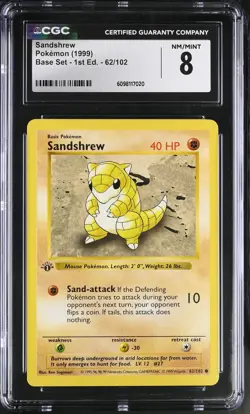 CGC 8 Sandshrew 1999 Base Set 1st Edition Shadowless 62/102 Pokemon Card - Image 1