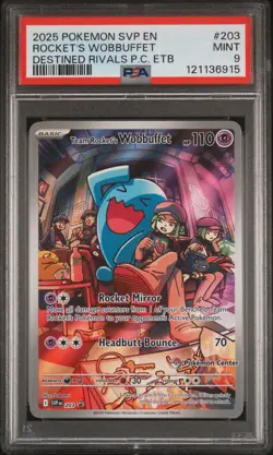 2025 POKEMON DESTINED RIVALS POKEMON CENTER ETB TEAM ROCKET'S WOBBUFFET PSA 9 - Image 1