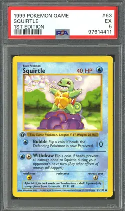 Pokemon Base Set 1st Edition Shadowless Squirtle 63/102 PSA 5 - Image 1