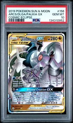2019 POKEMON SUN & MOON COSMIC ECLIPSE #156 ARCEUS & DIALGA & PALKIA GX PSA 10 - Image 1