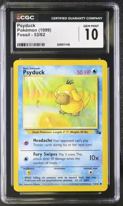 CGC 10 GEM MINT Psyduck 1999 Fossil 53/62 Pokemon Card - Image 1