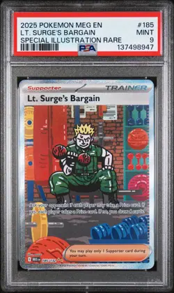 2025 Pokemon Mega Evolution Base #185 SIR Lt. Surge's Bargain PSA 9 Mint - Image 1