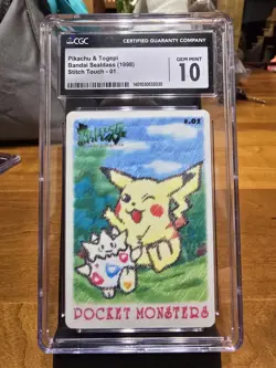 Pokemon Sealdass Stitch Touch Pikachu Togepi 1998 Japanese #01 CGC 10 - Image 1