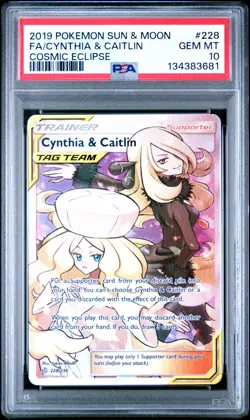 2019 POKEMON SUN & MOON COSMIC ECLIPSE #228 FULL ART/CYNTHIA & CAITLIN PSA 10 - Image 1