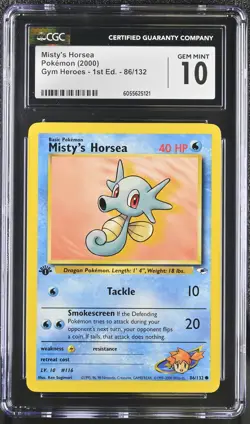 CGC 10 GEM MINT Misty's Horsea Gym Heroes 1st Edition 86/132 Pokemon Card - Image 1