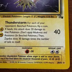 1995 Pokemon Trading Card Game Zapdos 30/62 Rare Card NM Condition - Image 3