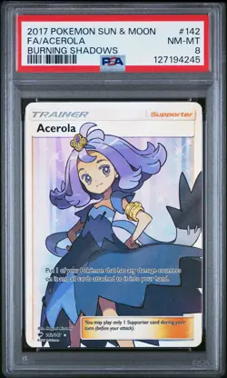 2017 POKEMON SUN & MOON BURNING SHADOWS #142 FULL ART/ACEROLA PSA 8 - Image 1