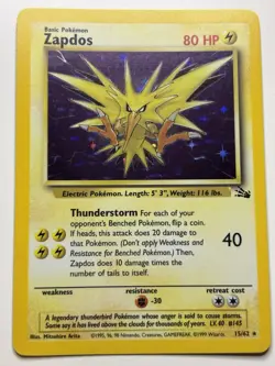 1999 POKEMON FOSSIL CORNER HOLO ERROR #15 ZAPDOS HOLO RARE LP - Image 1