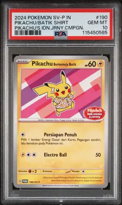 PIKACHU/BATIK SHIRT POKEMON PIKACHU'S IDN.JRNY.CMPGN. SV-P PRM 2024 190 PSA 10 - Image 1