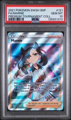 Pokemon Marnie Premium Tournament Coll. Black Star Full Art Promo SWSH121 PSA 10 - Image 1