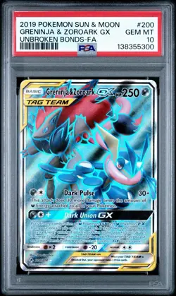 2019 POKEMON SUN & MOON UNBROKEN BONDSFULL ART/GRENINJA & ZOROARK GX 200 PSA 10 - Image 1