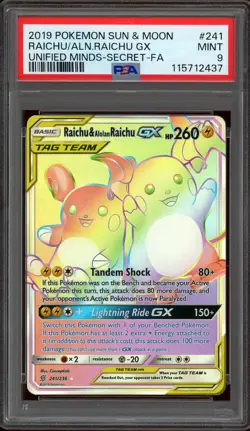 Pokemon PSA 9 Raichu & Alolan Raichu GX 241/236 Unified Minds Rainbow Rare Mint - Image 1