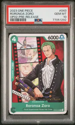 RORONOA ZORO OP02-043 PRE-RELEASE 2023 ONE PIECE CARD GAME PSA 10 POP 11 - Image 1