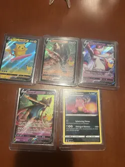 5 Card Pokemon Card Lot With Surfing Pikachu And Zamazenta - Image 1
