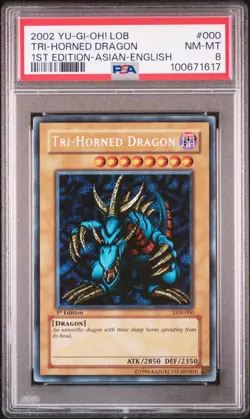 Yugioh Asian English Tri-Horned Dragon LOB-000 Legend of Blue Secret Rare PSA 8 - Image 1