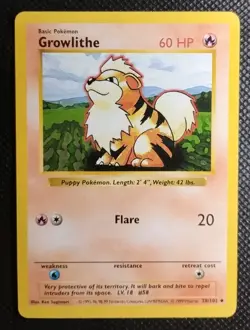 Growlithe Shadowless Base Set Pokemon Card Uncommon 28/102 - Played - Image 1