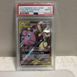 2019 POKEMON COSMIC ECLIPSE #225 FULL ART/MEGA LOPUNNY & JIGGLYPUFF GX PSA 10 - Image 1
