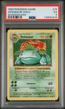 1999 POKEMON GAME SHADOWLESS #15 VENUSAUR-HOLO PSA 5 - Image 1