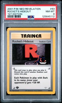 2001 POKEMON NEO REVELATION 1ST ED #63 ROCKET'S HIDEOUT PSA 8 - Image 1